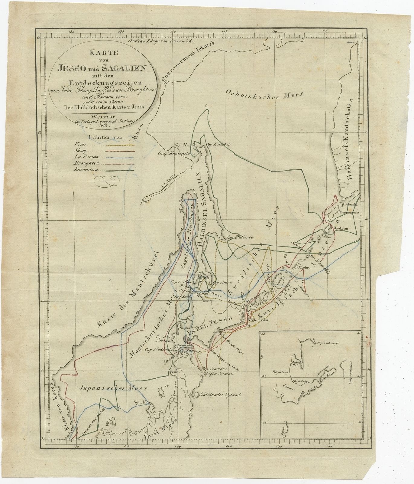 Antique Map Of The Region Of Hokkaido By Bertuch (1812)