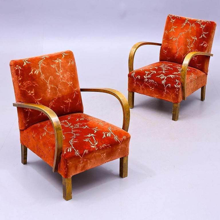 Art Deco Armchairs Open Arms Pair Of Early 20th Century Honey Color Red Swedish photo furniture