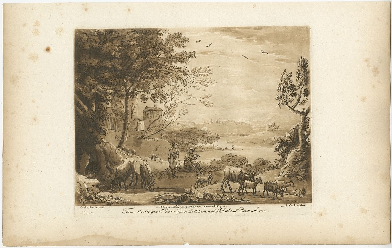 Pl. 42 Antique Print Of A Landscape With Cattle By Earlom (1774)