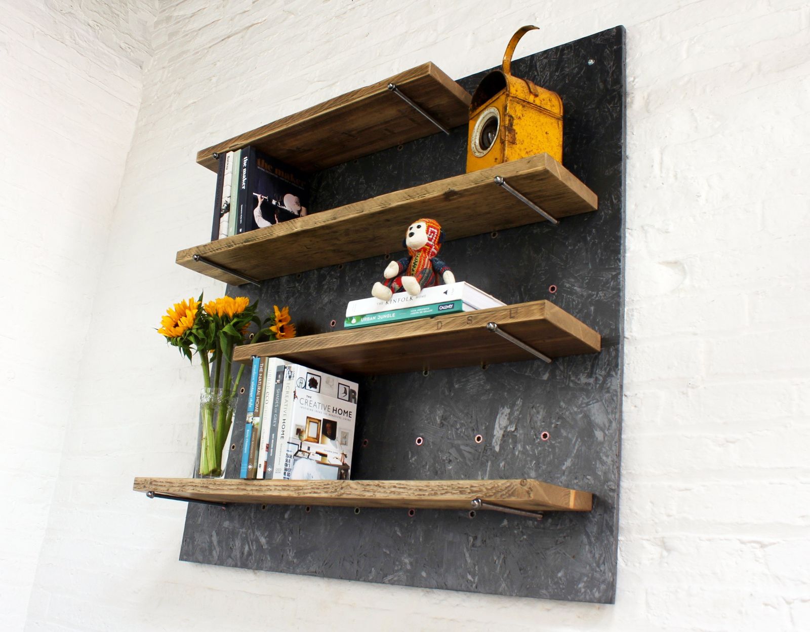 Avon Adjustable Reclaimed Scaffolding Shelves Mounted On Painted Osb With Removable Threaded Peg Supports  photo buy