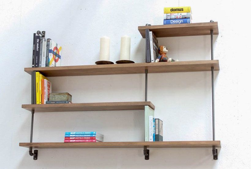 Barnaby Bespoke Adjustable Solid Beech Shelves With Slim Threaded Steel Pipe And Contemporary Collar Supports