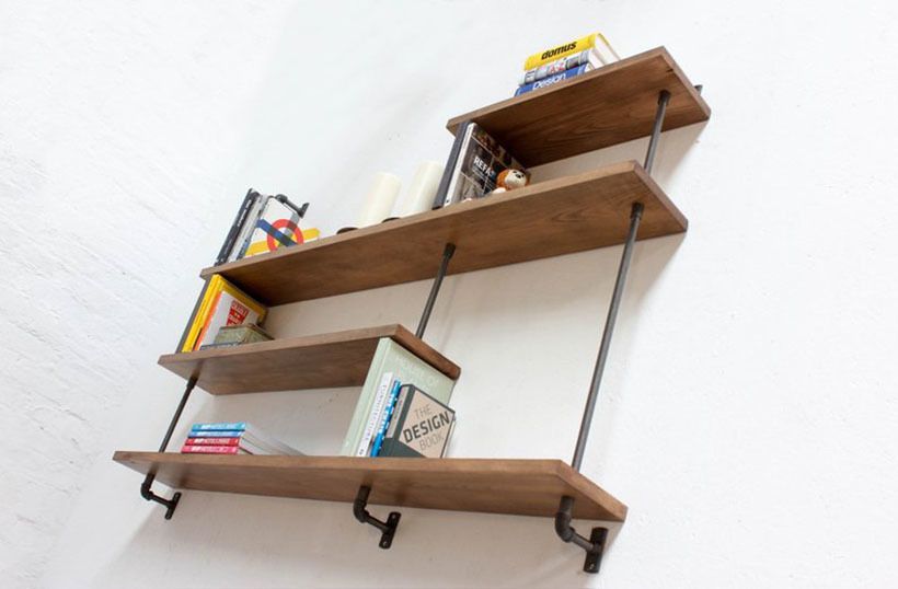 photo furniture Barnaby Bespoke Adjustable Solid Beech Shelves With Slim Threaded Steel Pipe And Contemporary Collar Supports