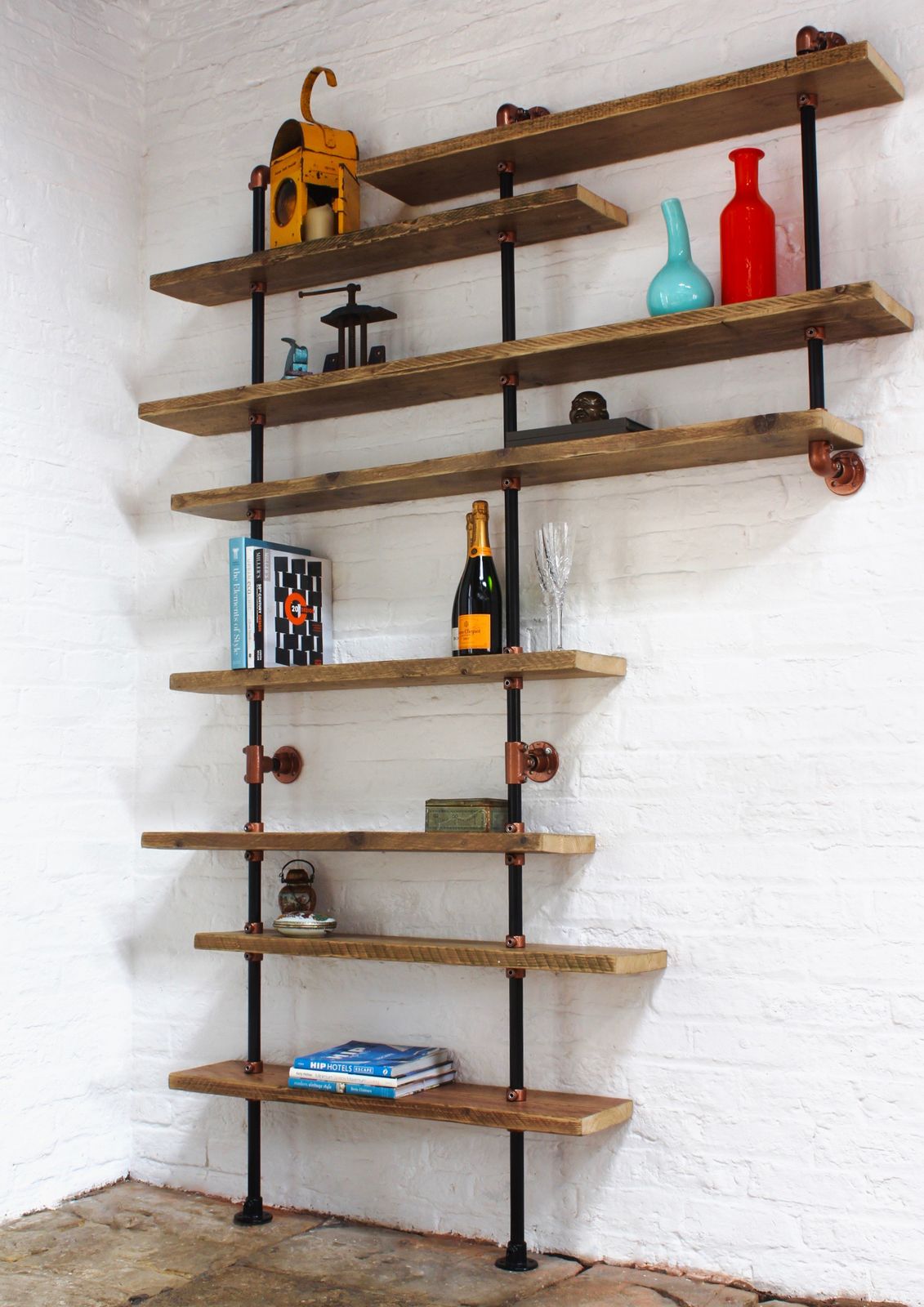 Barney Floor And Wall Mounted Shelving Made With Reclaimed Scaffolding Boards, Dark Steel Pipe And Copper Powder Coated Adjustable Fittings