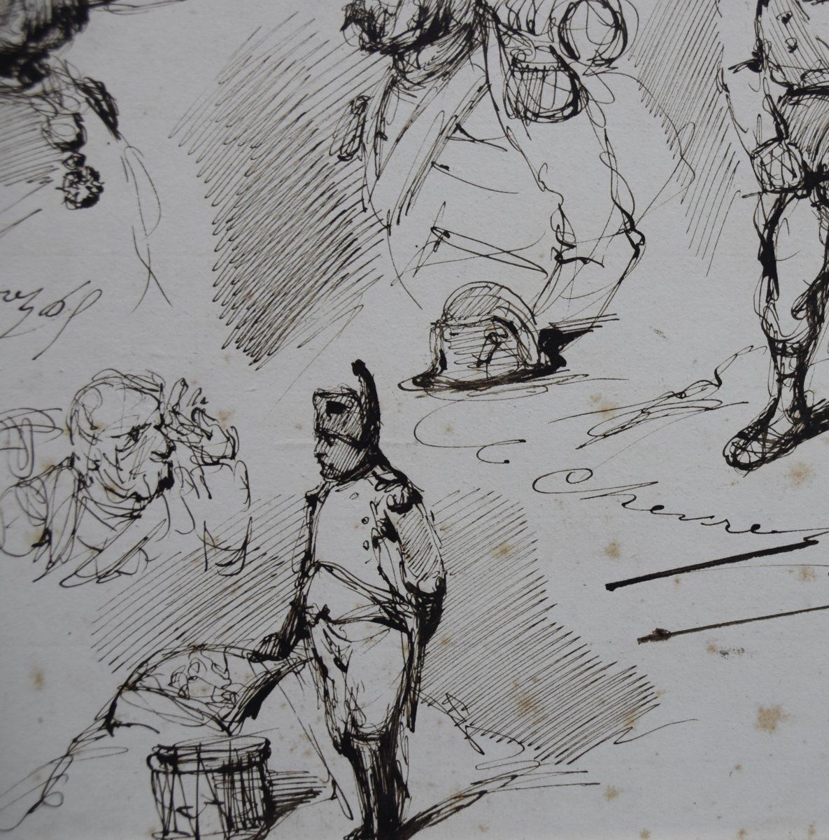 Edouard Chevret (1835 1864) Napoleon And His Grognards, Studies Ink On Paper Flag photo for sale