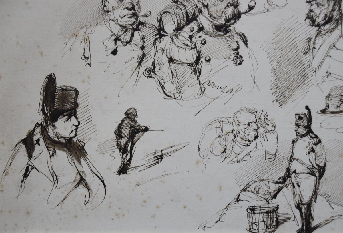Edouard Chevret (1835 1864) Napoleon And His Grognards, Studies Ink On Paper Flag photo Art