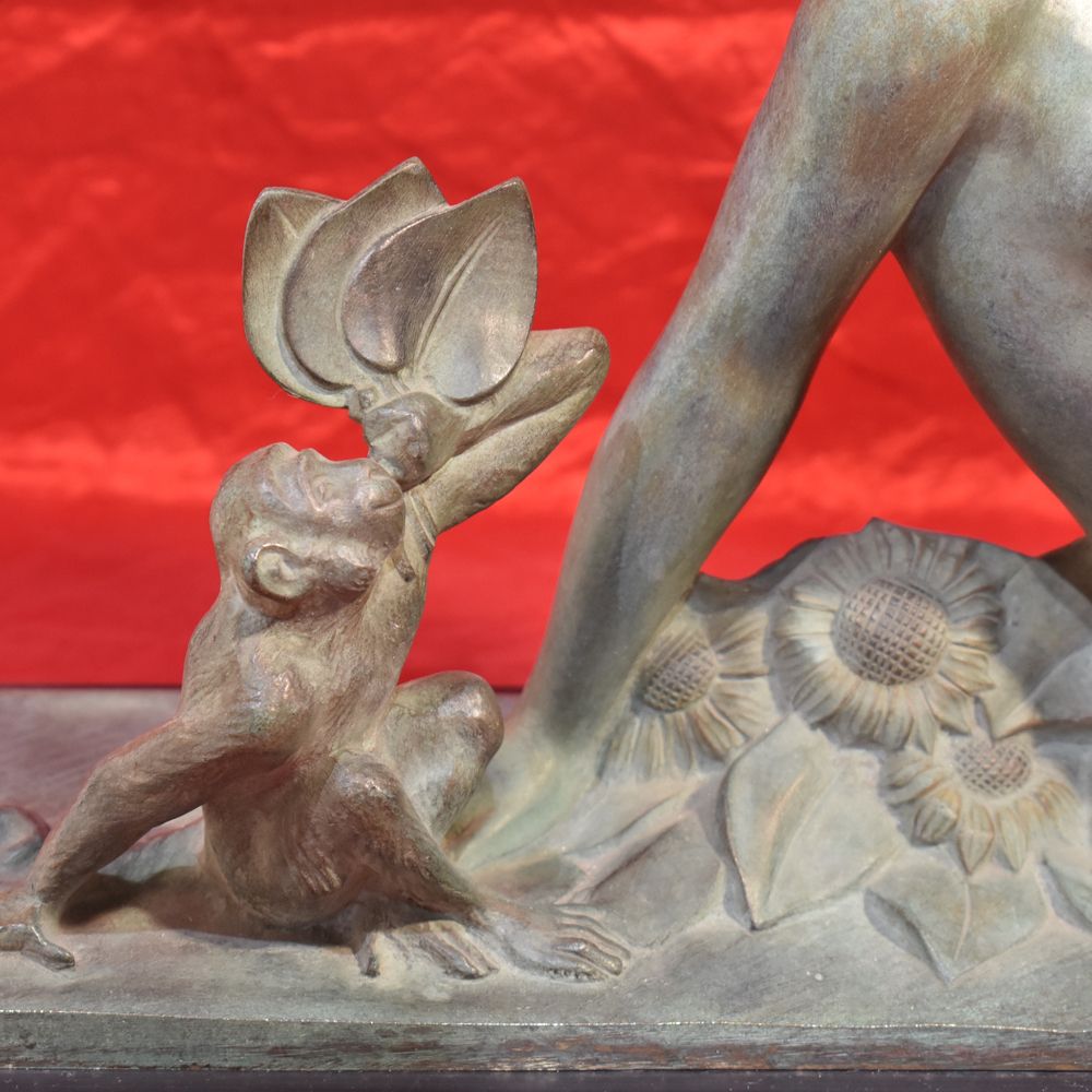 Antique Bronze Sculpture, Woman With Fan, Signed A. Soleau, French Sculptor, Art Deco.  (Stb31) photo for sale