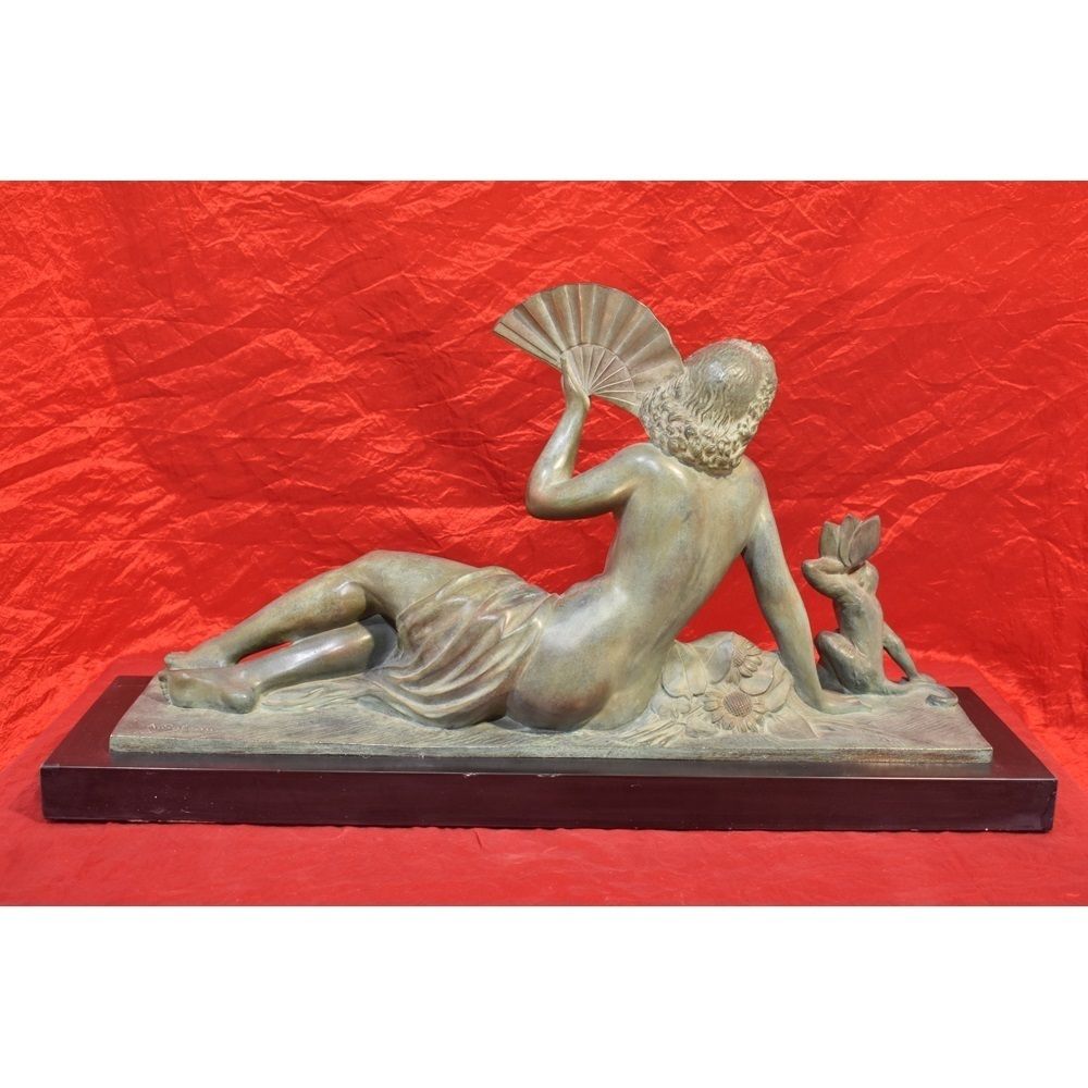 Antique Bronze Sculpture, Woman With Fan, Signed A. Soleau, French Sculptor, Art Deco.  (Stb31) photo vintage