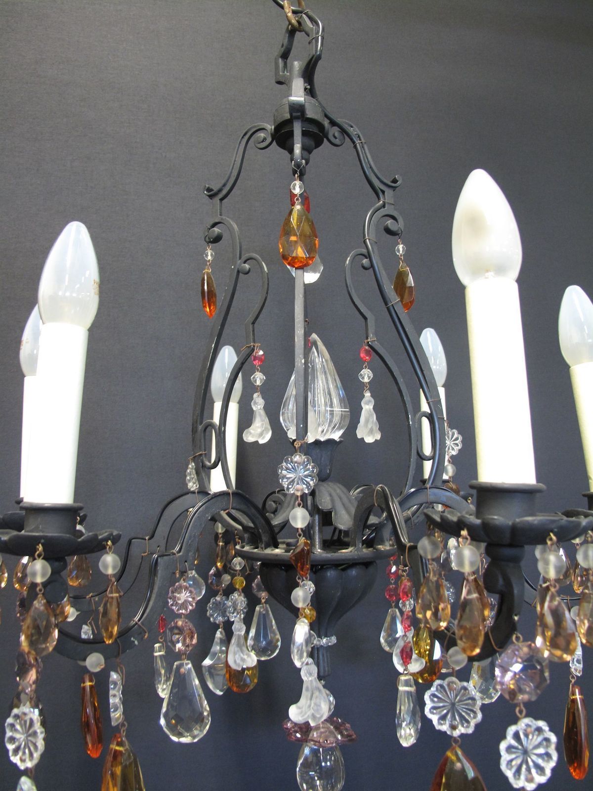 6 Arm Black Iron Chandelier, Ca 1930 photo furniture