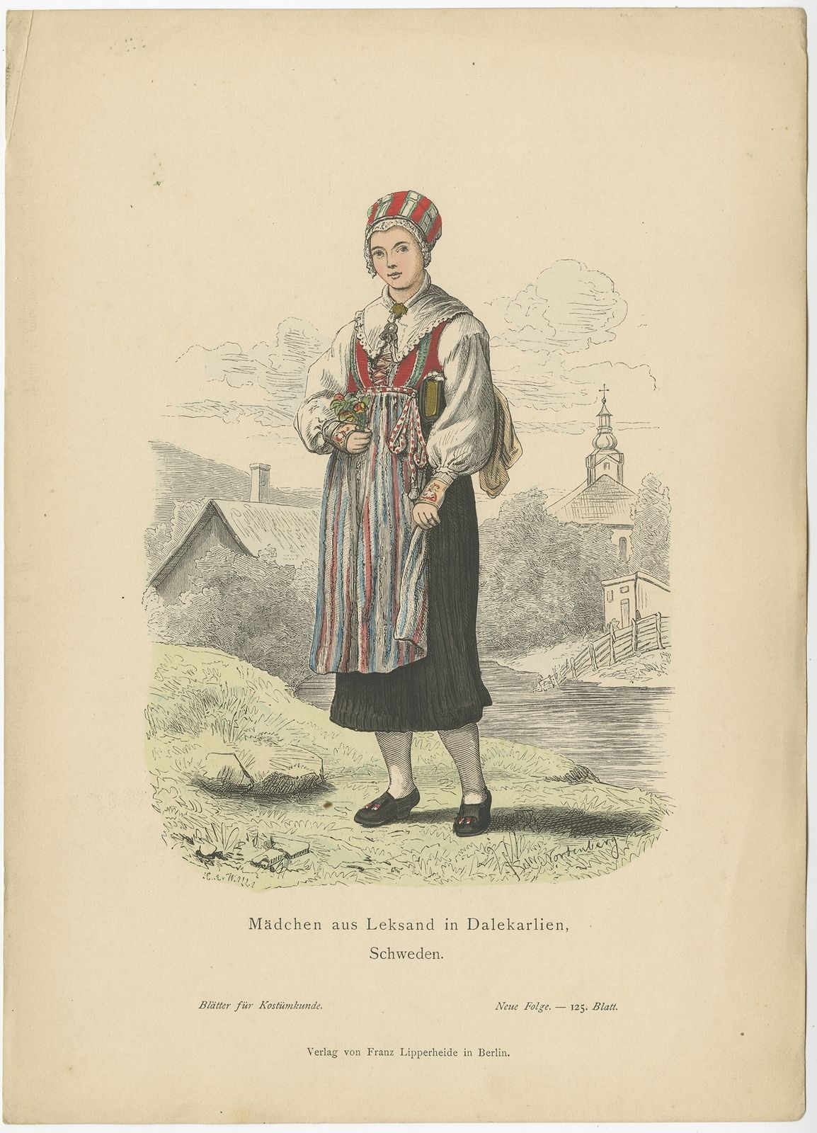 Antique Costume Print Of A Girl From Leksand (Sweden) By Lipperheide (C.1880)