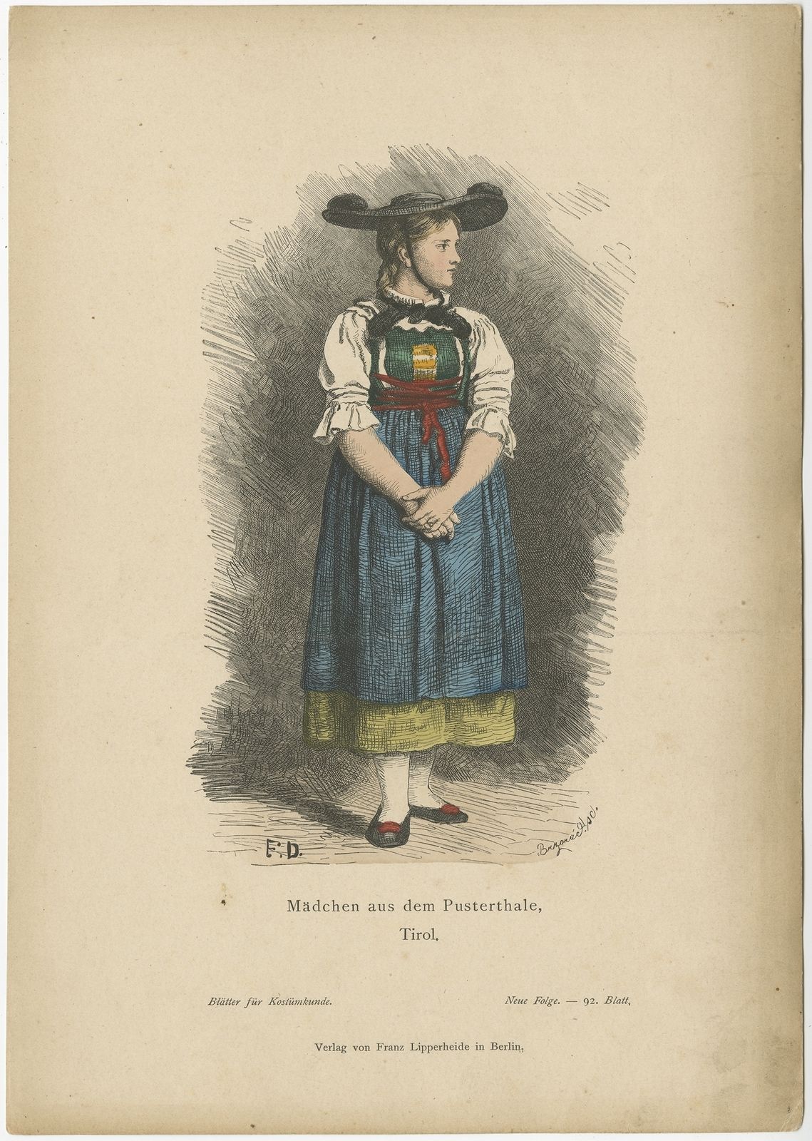 Antique Costume Print Of A Girl From Val Pusteria By Lipperheide (C.1880)
