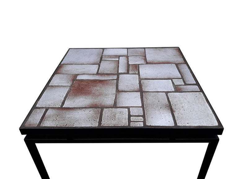 Mid Century White, Beige Ceramic Coffee Table On Painted Metal Base photo furniture