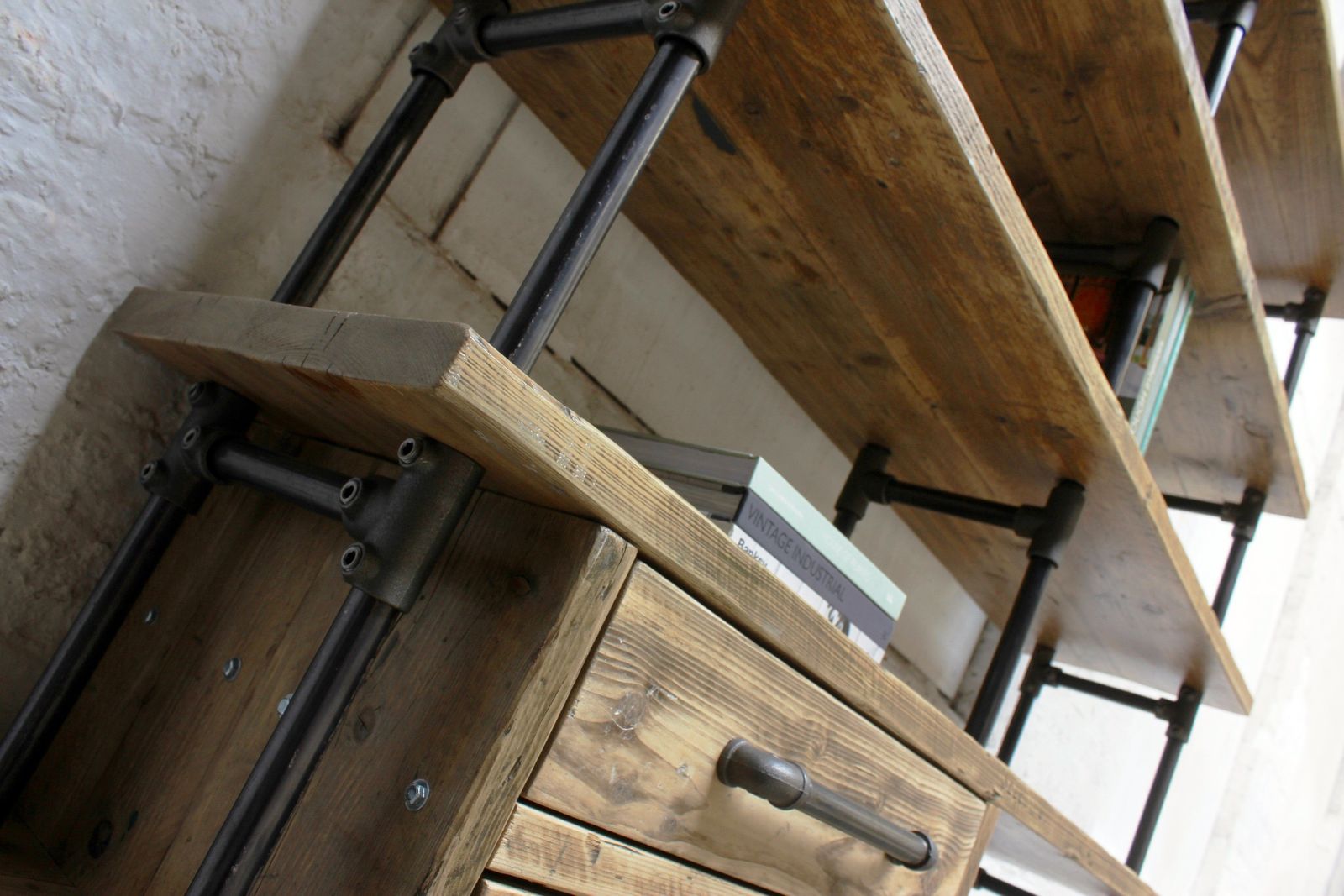 Ana Maria Clear Varnished Reclaimed Scaffolding Board And Dark Steel Pipe Bookcase With Integrated Drawer Units And Roll Out Storage Boxes photo Furniture