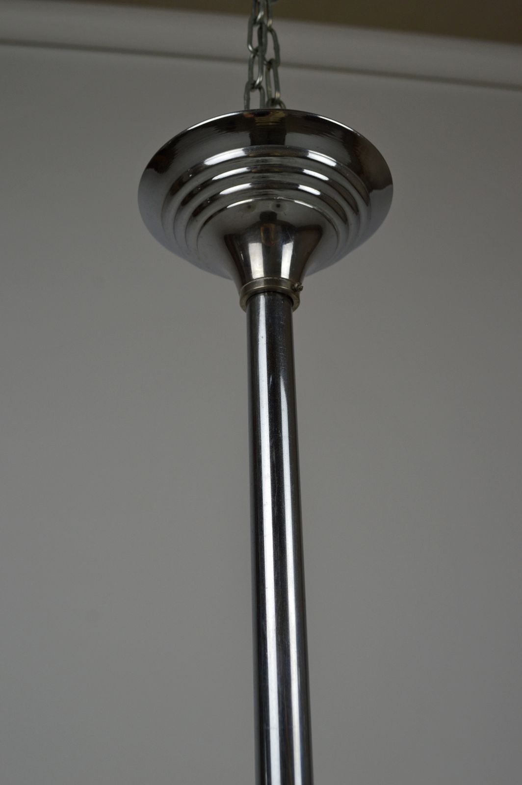 Art Deco Mid Century Modernist Chandelier, Wood & Chrome, France, Circa 1940 photo Lighting