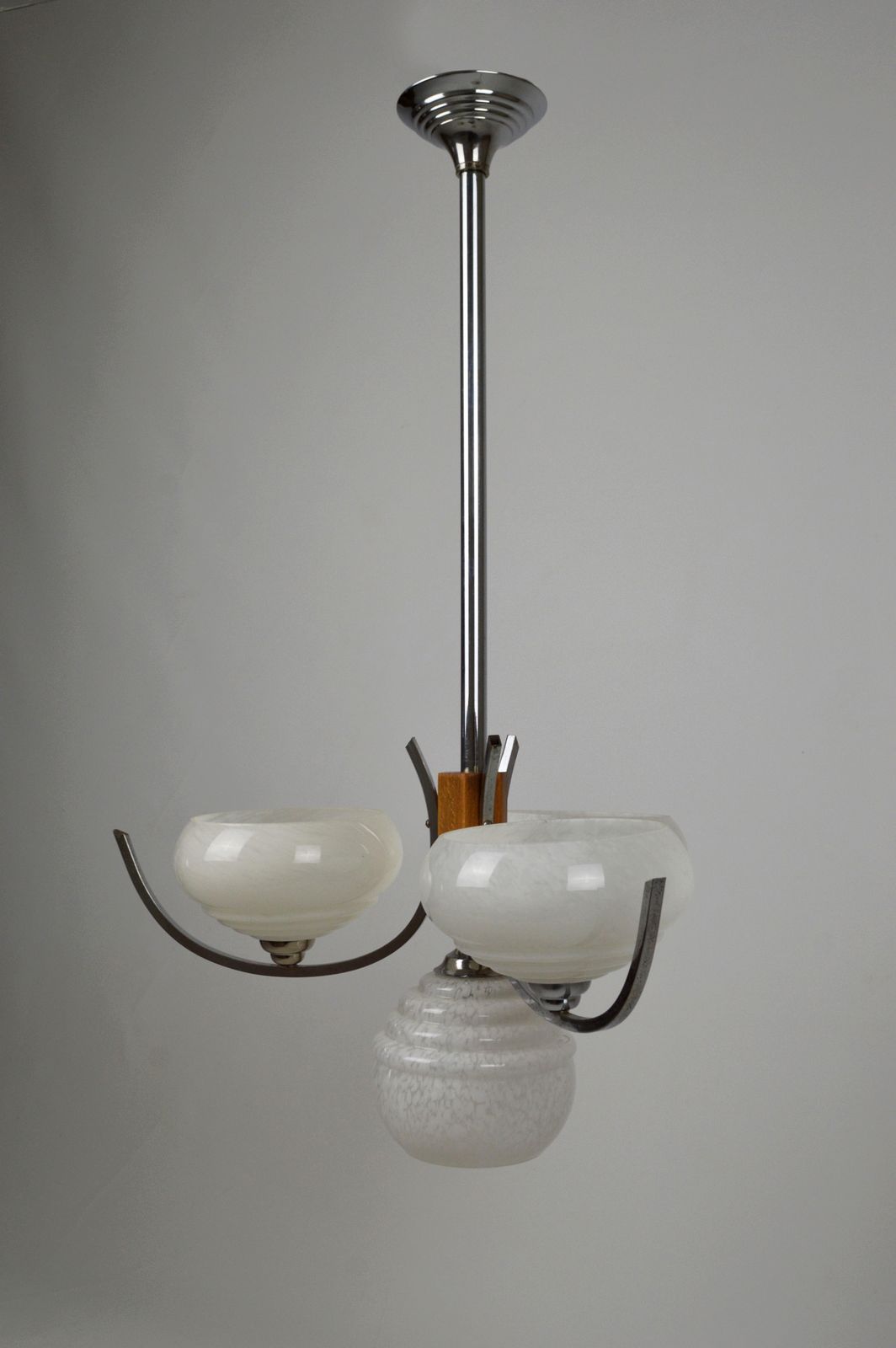 Art Deco Mid Century Modernist Chandelier, Wood & Chrome, France, Circa 1940 photo 960.0