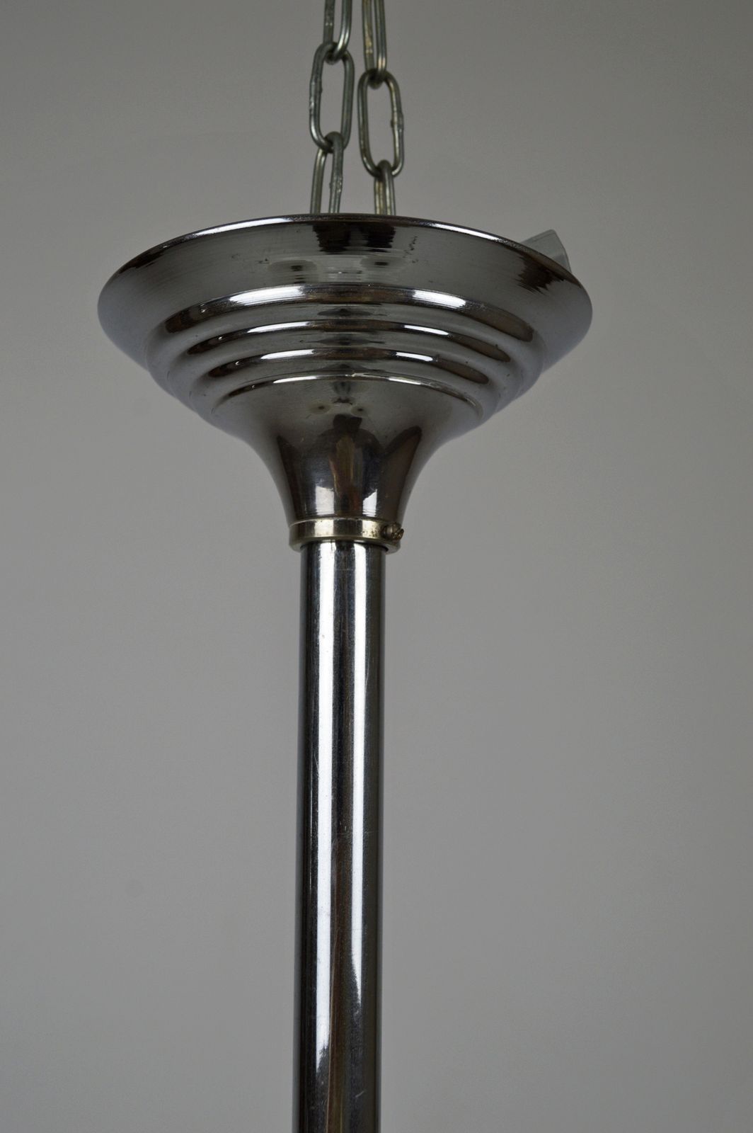 Lighting Art Deco Mid Century Modernist Chandelier, Wood & Chrome, France, Circa 1940 photo