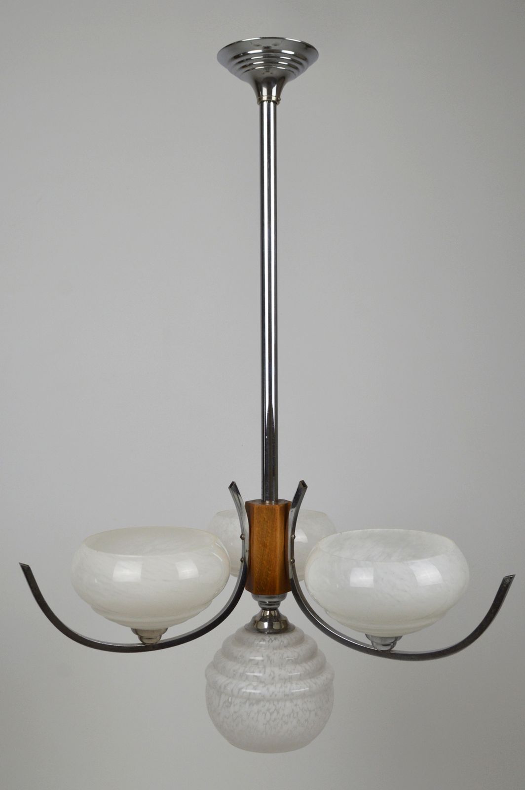 Art Deco Mid Century Modernist Chandelier, Wood & Chrome, France, Circa 1940