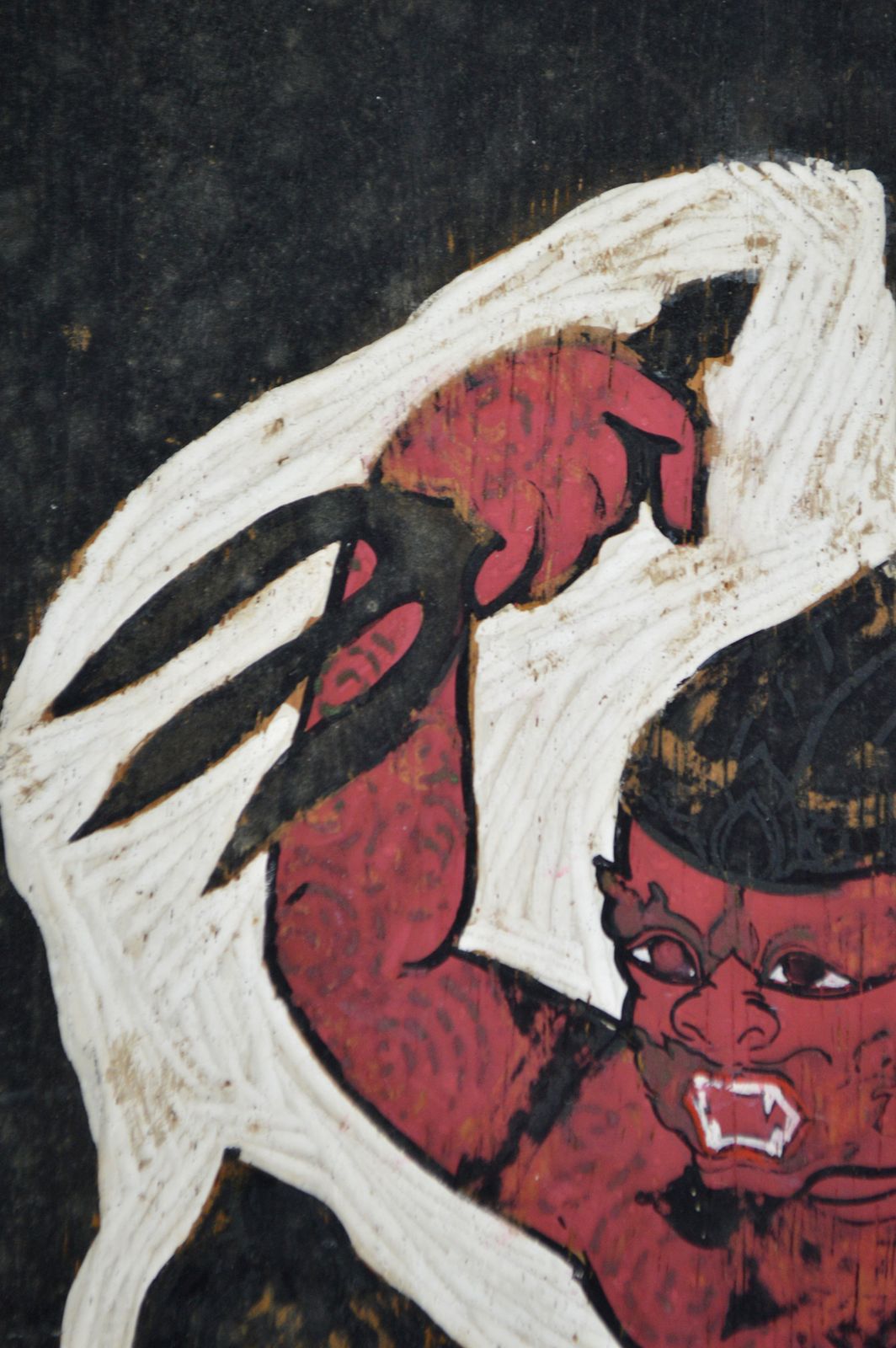 Painted Panel, Mythological Theme, Hanuman Vs Demon By Prasit, Thailand, 1966 photo buy