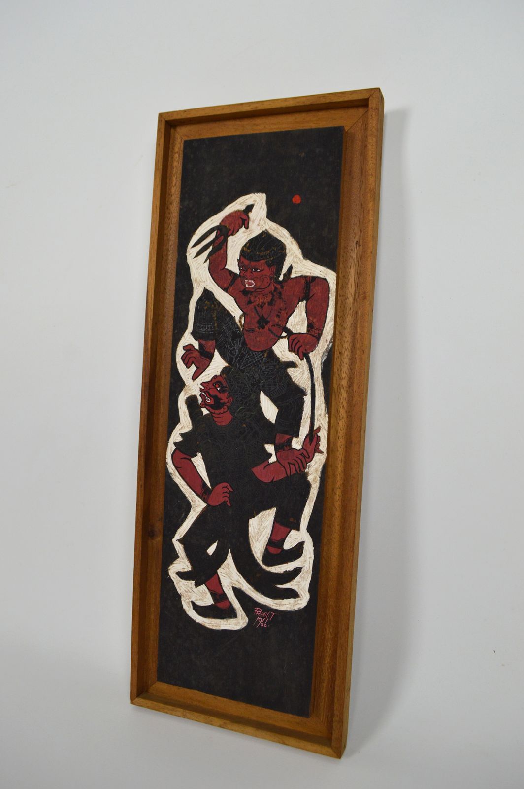 Painted Panel, Mythological Theme, Hanuman Vs Demon By Prasit, Thailand, 1966 photo for sale