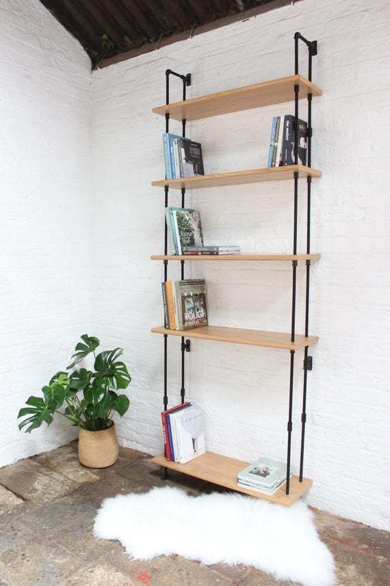 Ben Bespoke Bookcase With Oak Veneer Shelves And Gloss Matt Powder Coated Threaded Steel Vertical Uprights And Collar Supports photo vintage