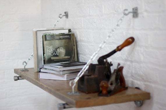 Susie Reclaimed Scaffolding Board Shelf With Galvanised Steel Pipe Wall Brackets And Supporting Chains   Made To Order Industrial Furniture photo vintage
