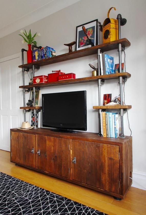 Claudia Reclaimed Chestnut Stained Scaffolding Board And Steel Pipe Shelving Unit With Cupboards photo for sale