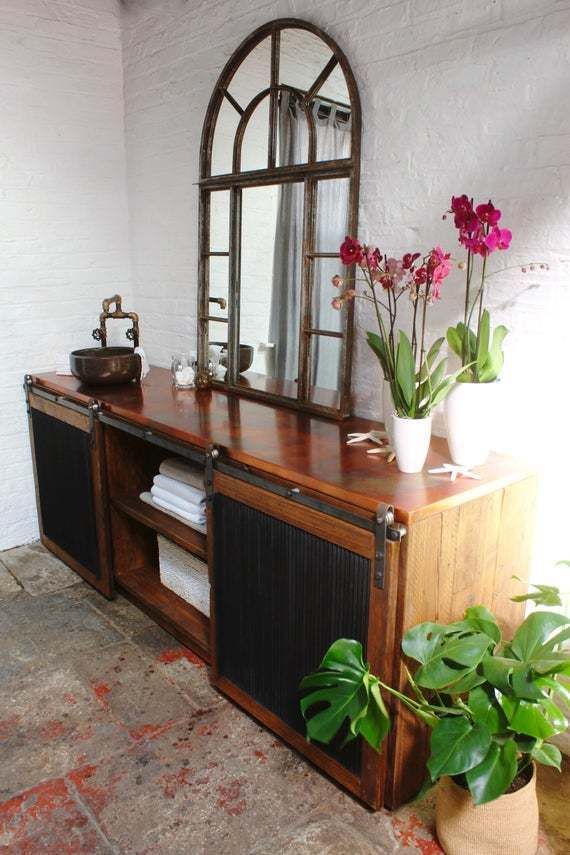 Kristen Patinated Copper Topped Reclaimed Scaffolding Board And Sliding Steel Inlaid Doors Bathroom Unit With Industrial Sink And Mixer Tap photo furniture