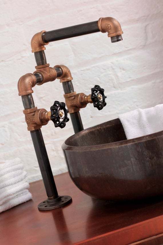 Kristen Patinated Copper Topped Reclaimed Scaffolding Board And Sliding Steel Inlaid Doors Bathroom Unit With Industrial Sink And Mixer Tap photo vinterior