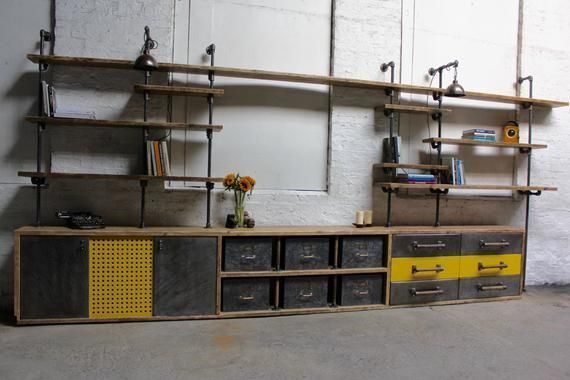 Imogen Reclaimed Scaffolding And Osb Board Media Unit With Vintage Filing Cabinet And Ladder Rung Components   Bespoke Industrial Furniture