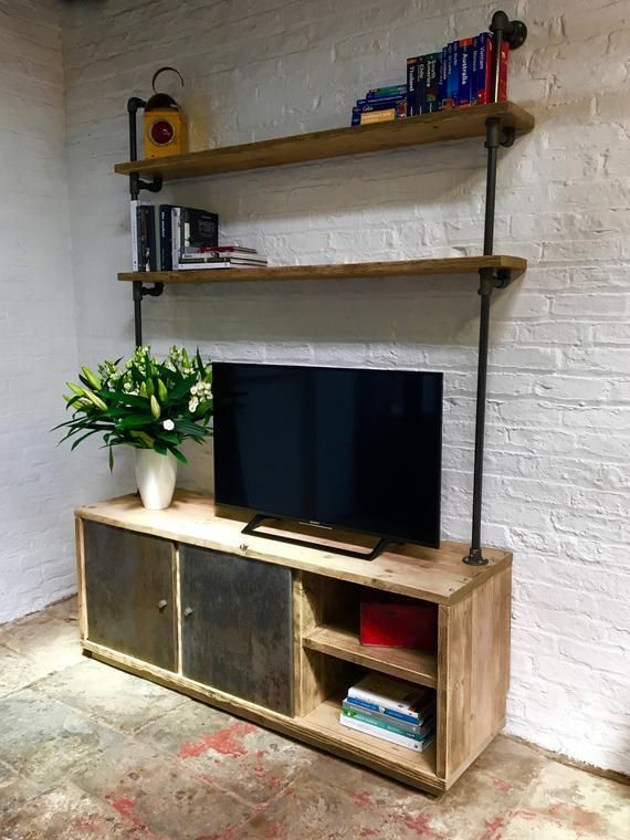 Lori Reclaimed Scaffolding Board And Steel Pipe Media Unit With Open Storage, Shelves And Distressed Steel Sliding Cupboard Doors photo furniture