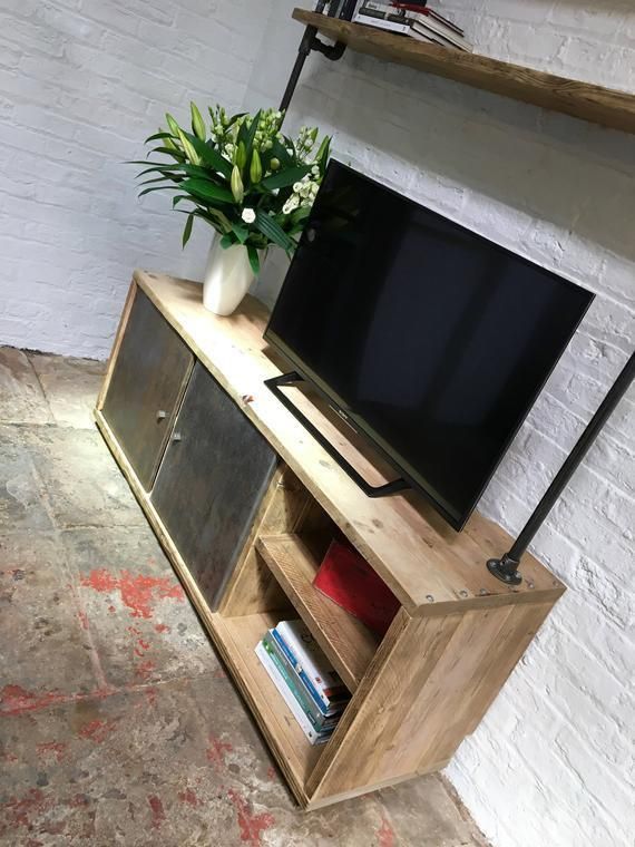 Lori Reclaimed Scaffolding Board And Steel Pipe Media Unit With Open Storage, Shelves And Distressed Steel Sliding Cupboard Doors photo Furniture