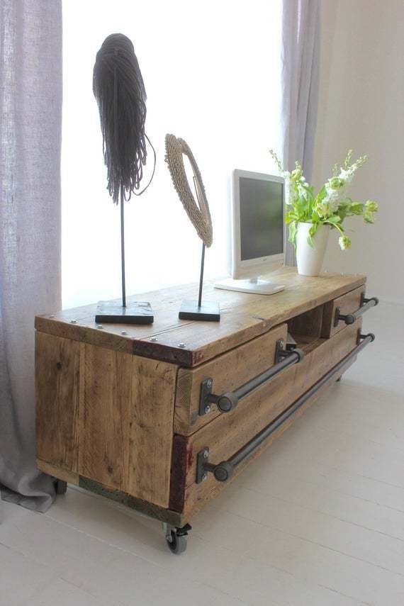 Stockton Bespoke Reclaimed Scaffolding Board Long Low Media Unit With Drawers, With Dark Steel Pipe Handles, And An Open Aperture On Castors photo for sale