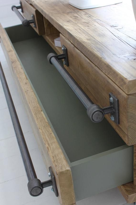 Stockton Bespoke Reclaimed Scaffolding Board Long Low Media Unit With Drawers, With Dark Steel Pipe Handles, And An Open Aperture On Castors photo Furniture