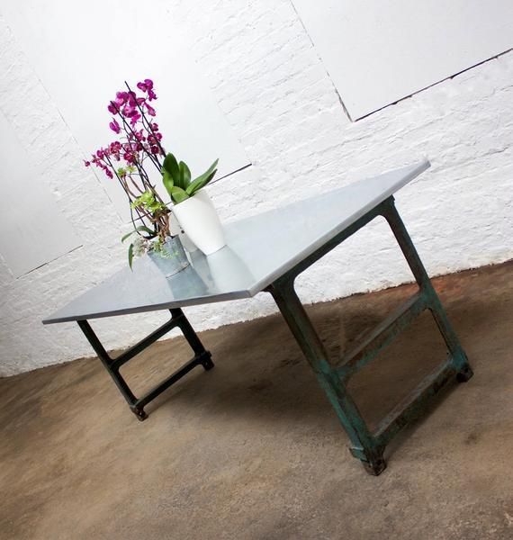 Saunders Industrial Zinc Topped Table With Vintage Reclaimed Metal Workers Workbench Legs   Made To Measure Furniture