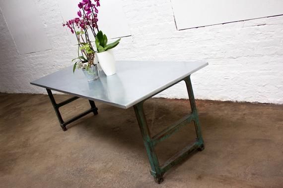 Saunders Industrial Zinc Topped Table With Vintage Reclaimed Metal Workers Workbench Legs   Made To Measure Furniture photo vintage