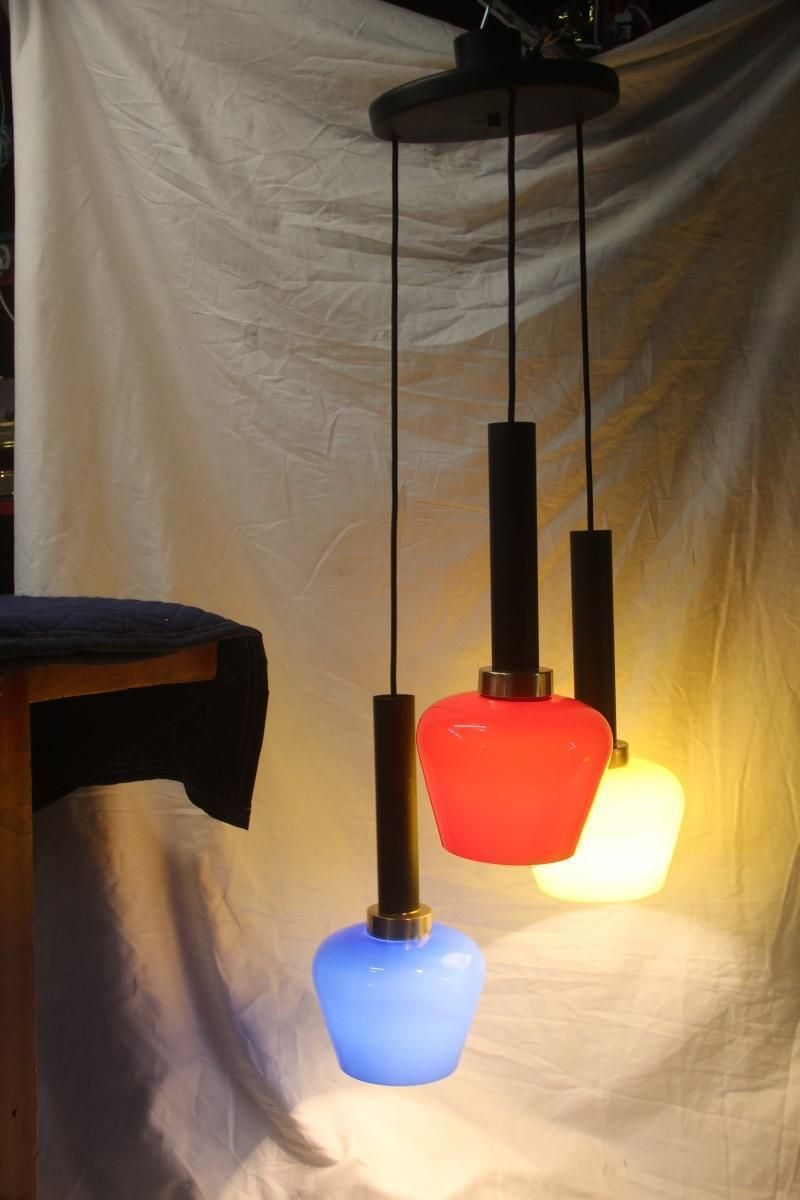 Chandelier Pendant Brass Italian Design Vistosi 1950 Black, Yellow, Blu, Red photo furniture