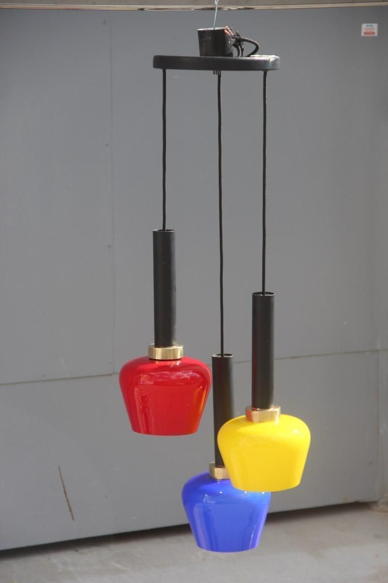 Chandelier Pendant Brass Italian Design Vistosi 1950 Black, Yellow, Blu, Red photo vinterior