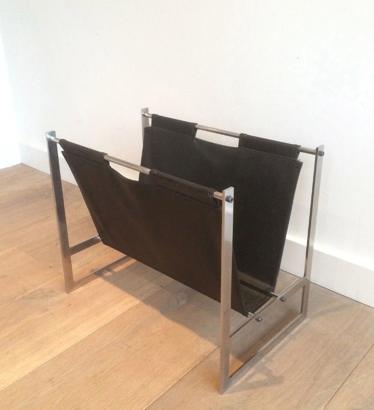 In The Style Of Poul Kjaerholm. Interesting Brished Steel And Leather Magazine Rack. Circa 1950