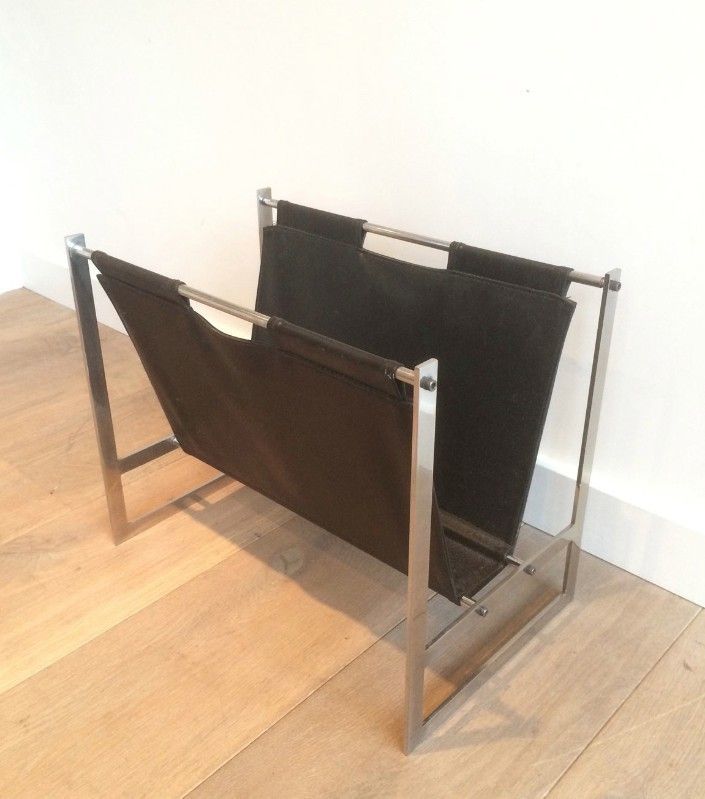 In The Style Of Poul Kjaerholm. Interesting Brished Steel And Leather Magazine Rack. Circa 1950 photo buy