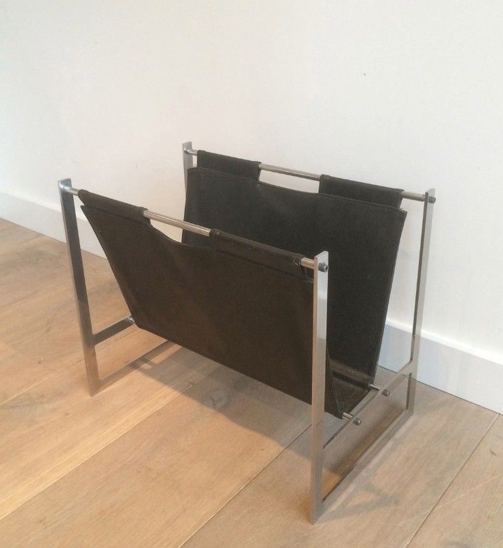 In The Style Of Poul Kjaerholm. Interesting Brished Steel And Leather Magazine Rack. Circa 1950 photo vintage