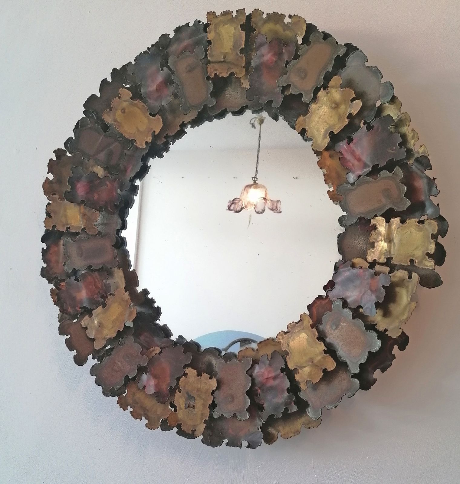 Brutalist Brass & Copper Wall Mirror, Manner Of Curtis Jere, USA, 1960s Mid Century photo furniture