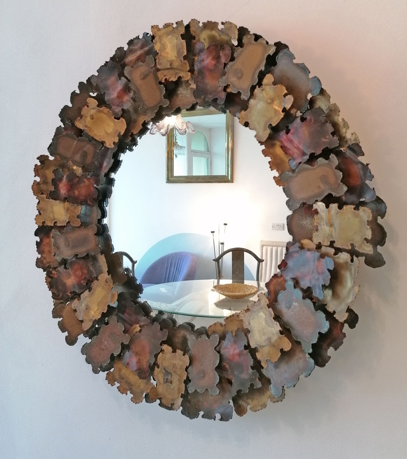 Brutalist Brass & Copper Wall Mirror, Manner Of Curtis Jere, USA, 1960s Mid Century photo vinterior