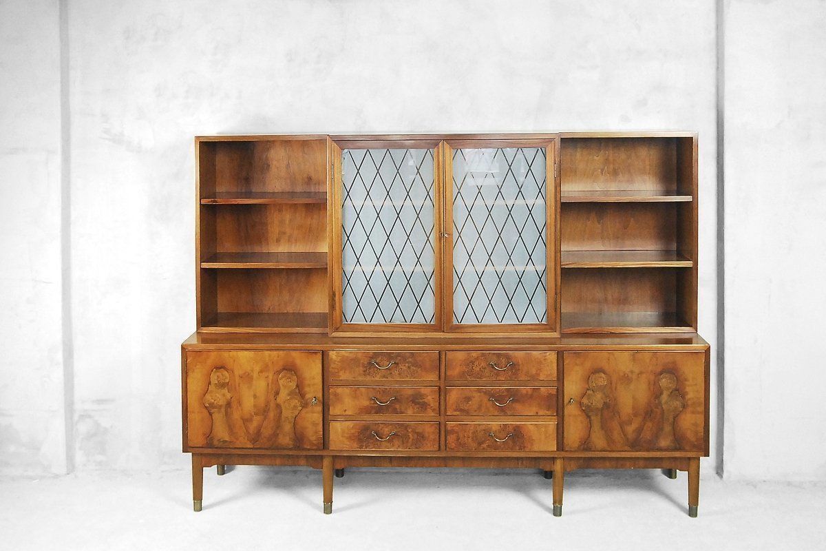 Antique Walnut And Burl Swedish Buffet With Glass Vitrine, 1940s