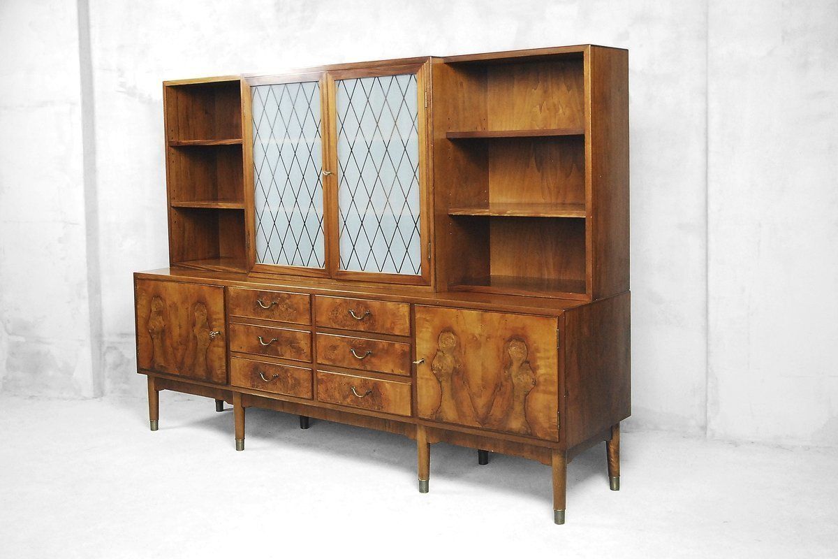 Antique Walnut And Burl Swedish Buffet With Glass Vitrine, 1940s photo buy