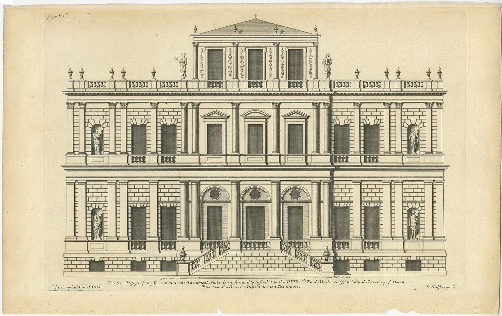 Antique Print Of A New Design For Sir Paul Methuen By Campbell (1725)