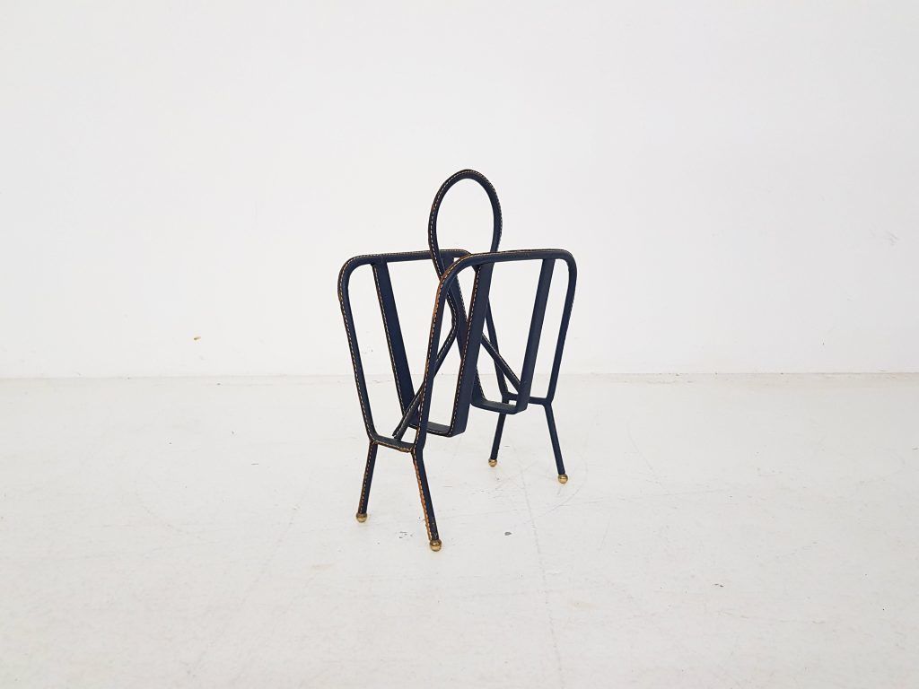 Mid Century Magazine Stand By Jacques Adnet Stitched Blue Leather, France, 1950s