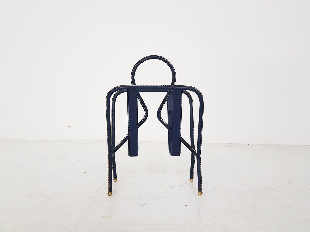 Mid Century Magazine Stand By Jacques Adnet Stitched Blue Leather, France, 1950s photo furniture