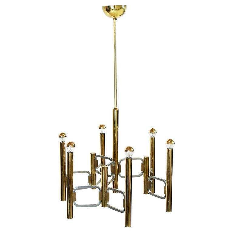 1960s Italian Modernist Brass And Chrome Ceiling Lamp By Profili Industria Lampadari Spa 'Modulo Collection'
