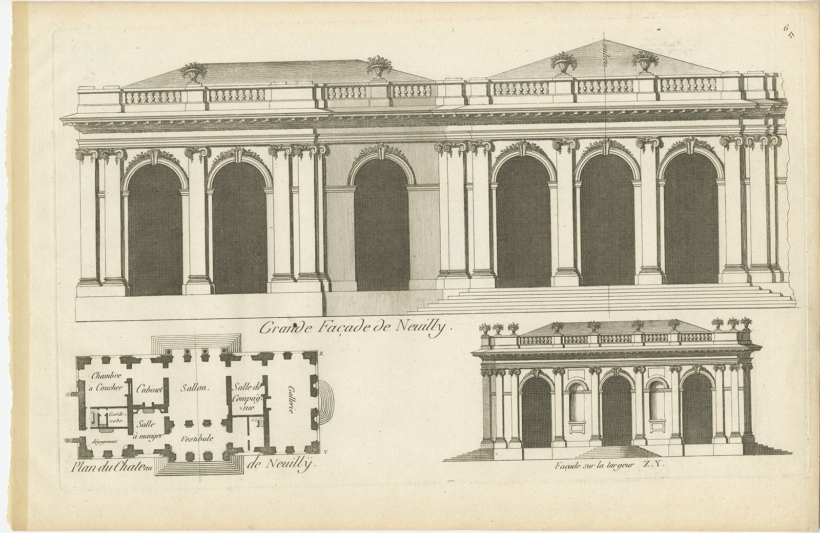 Pl. 6 Antique Print Of Château De Neuilly By Le Rouge (C.1785)