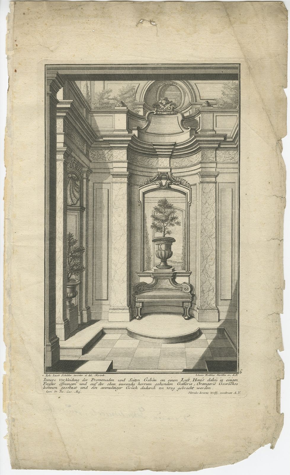 Pl. 6 Antique Print Of The Interior Of A Garden Pavilion By Schübler (C.1724)
