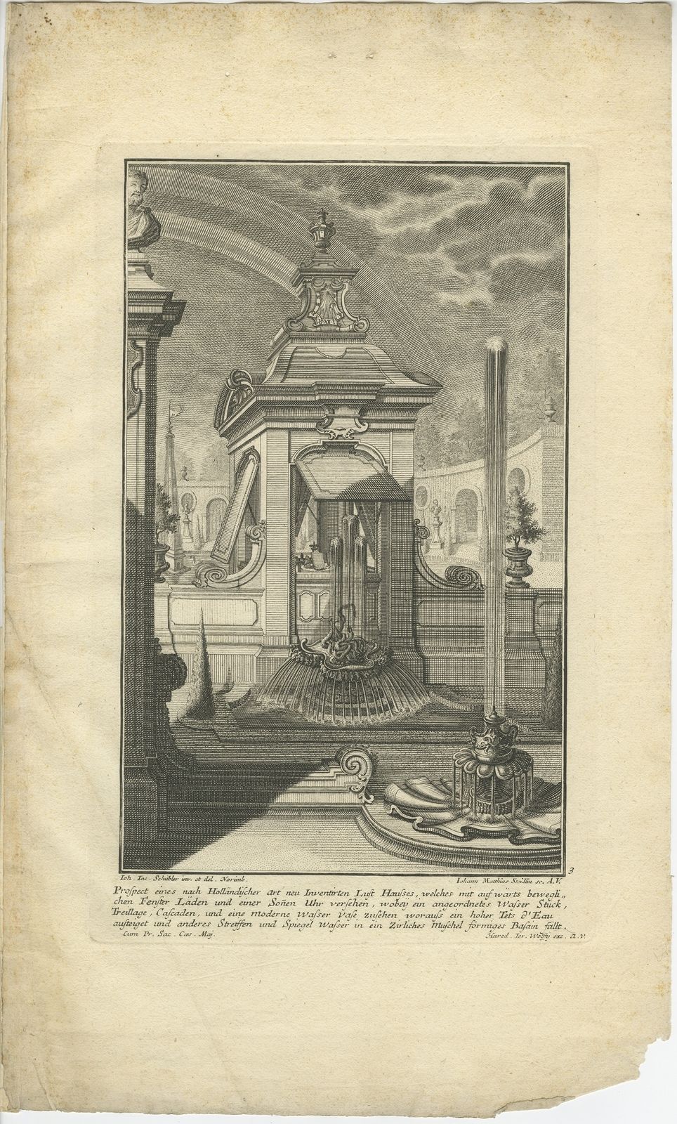 Pl. 3 Antique Print Of A Dutch Pavilion By Schübler (C.1724)